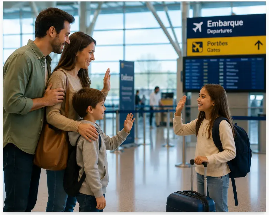 Com a documentação correta, a despedida no aeroporto vira o começo de uma grande aventura.