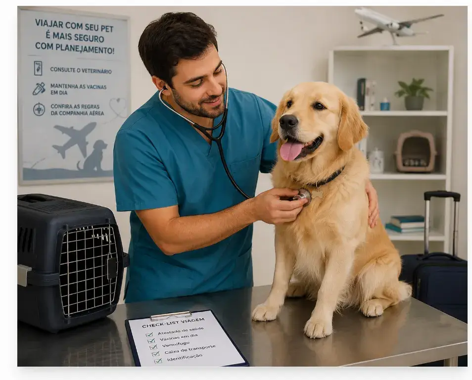 Antes da viagem, leve seu pet ao veterinário para garantir que tudo esteja em ordem. Uma simples consulta pode evitar imprevistos durante o embarque.
