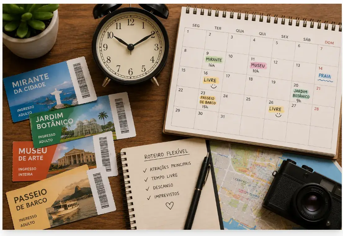 Equilibrar horários fixos e momentos livres deixa o roteiro mais leve, flexível e muito mais agradável durante a viagem.