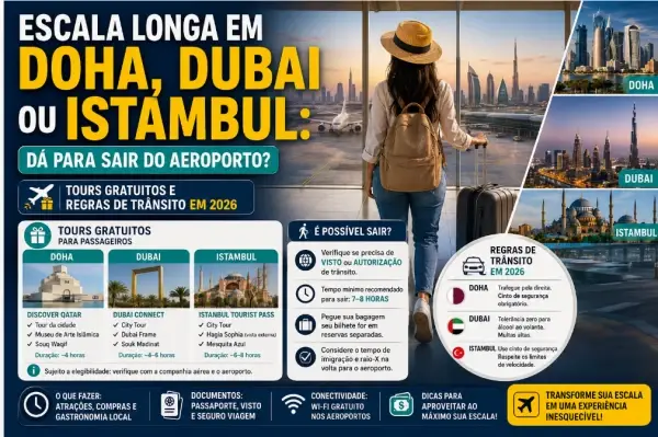 Escala Longa em Doha, Dubai ou Istambul: Dá para Sair do Aeroporto? Tours Gratuitos e Regras de Trânsito em 2026
