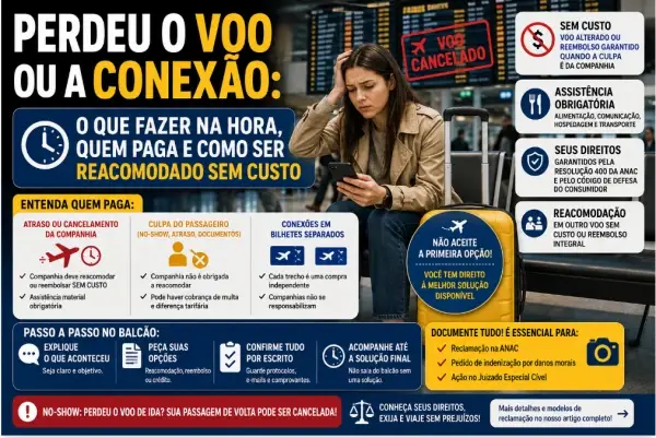 Perdeu o Voo ou a Conexão: O Que Fazer na Hora, Quem Paga e Como Ser Reacomodado sem Custo