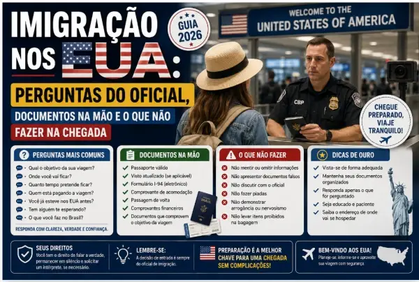 Imigração nos EUA: Perguntas do Oficial, Documentos na Mão e o Que Não Fazer na Chegada — Guia 2026