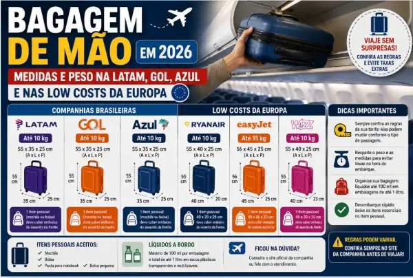 Bagagem de Mão em 2026: Medidas e Peso na LATAM, GOL, Azul e nas Low Costs da Europa