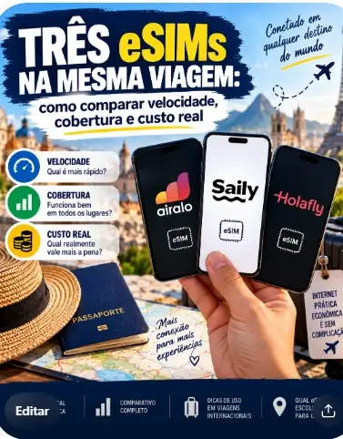 Três eSIMs na mesma viagem: como comparar velocidade, cobertura e custo real