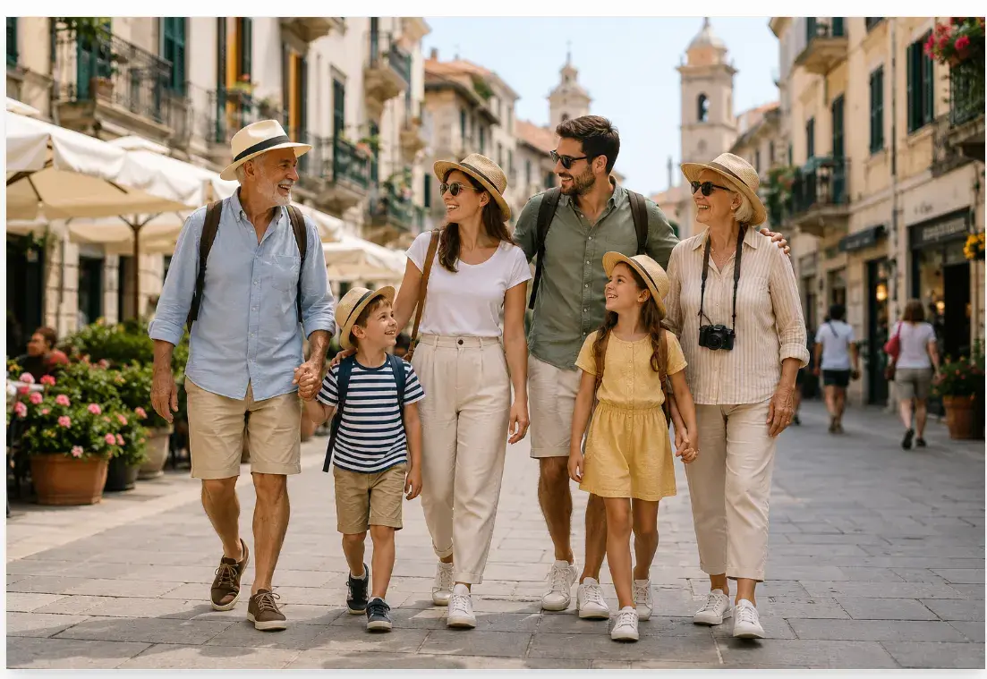 Família caminhando tranquilamente por uma cidade turística plana, com crianças e idosos sorrindo.