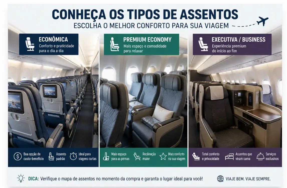 Conhecer os diferentes tipos de assentos ajuda a escolher a melhor opção para viajar com mais conforto e dentro do seu orçamento.