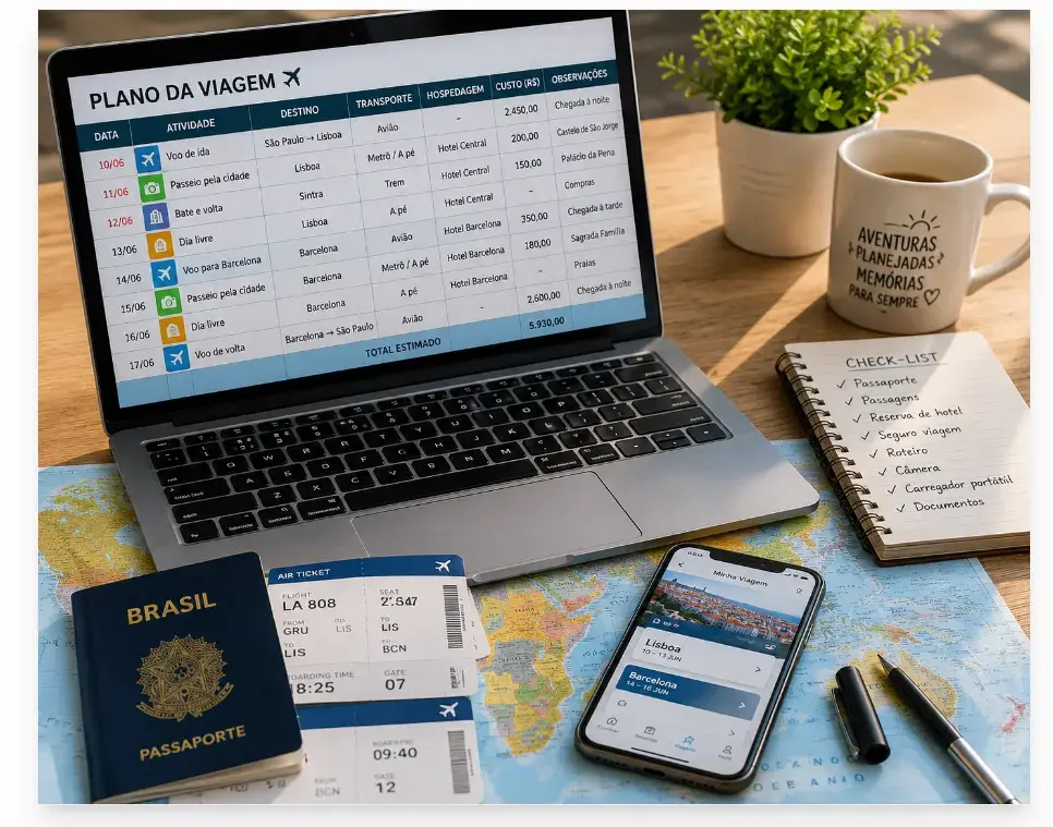 Um bom planejamento reúne passagens, roteiro e organização para que a viagem seja mais tranquila do início ao fim.