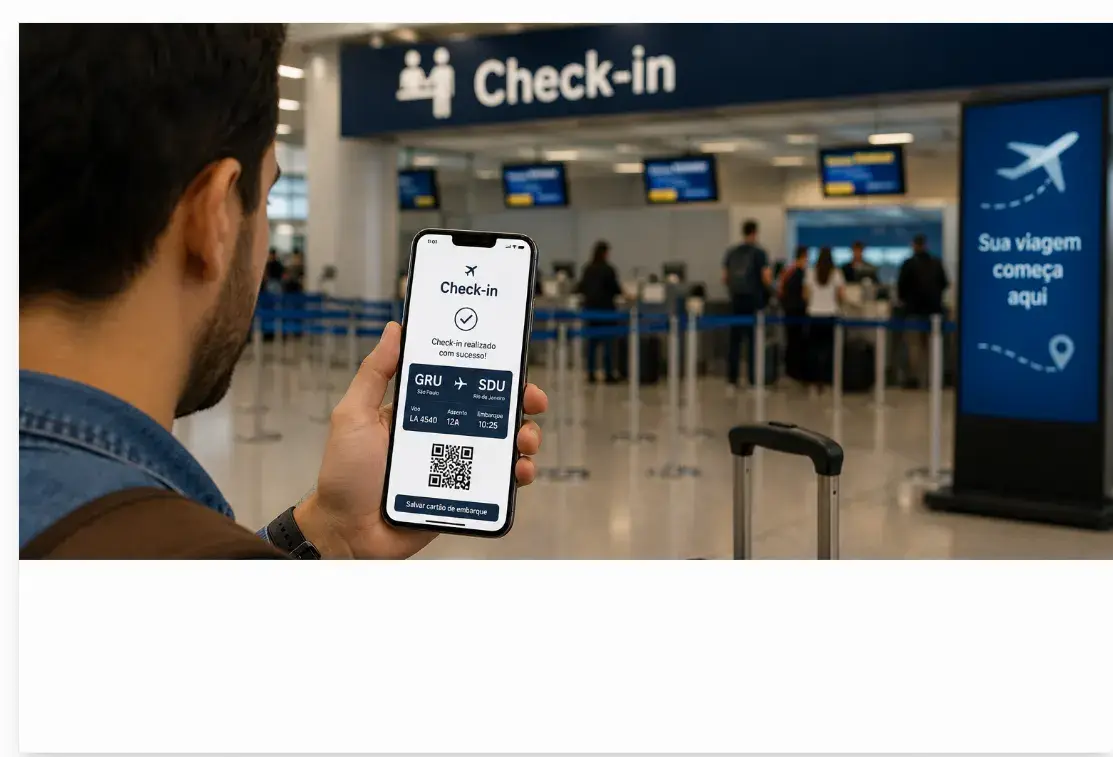 Fazer o check-in pelo celular agiliza o embarque, reduz filas e deixa a viagem muito mais prática.