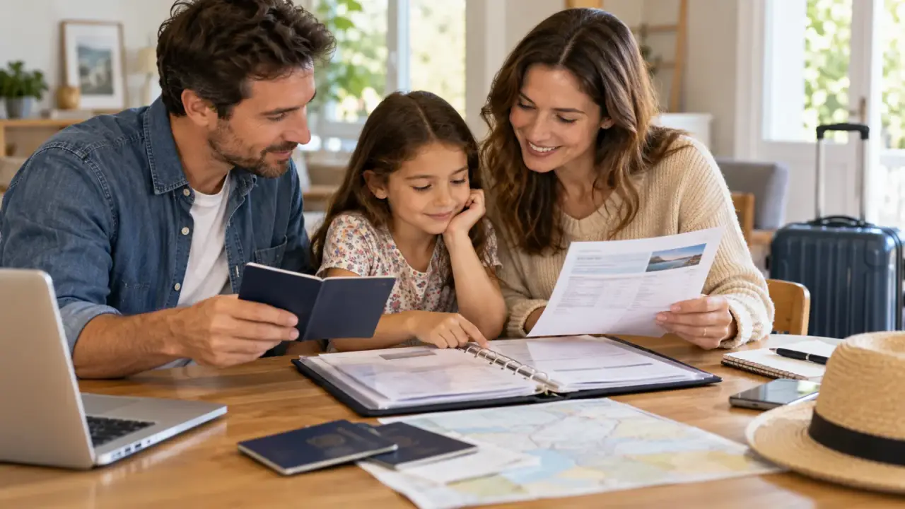 Família conferindo documentos de viagem