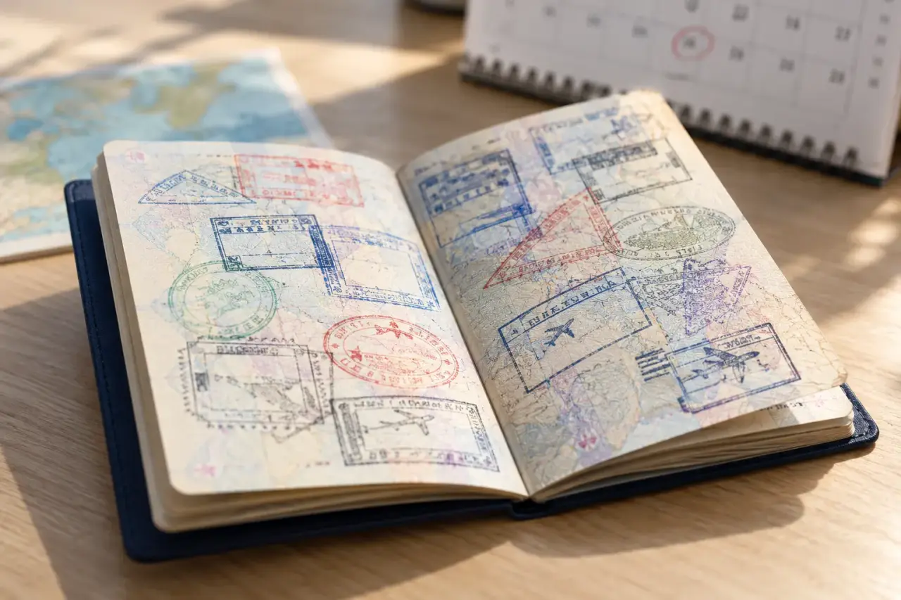 Passaporte aberto e calendário desfocado