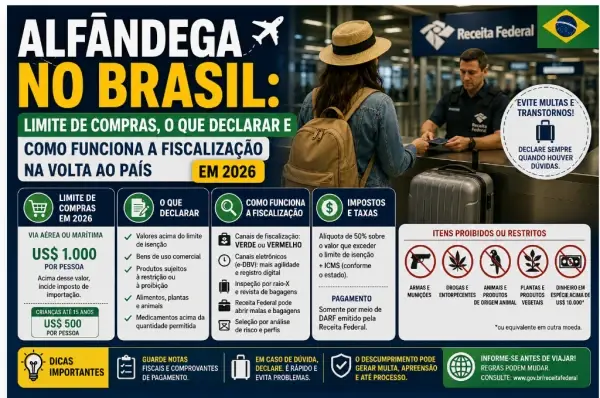 Alfândega no Brasil: Limite de Compras, O Que Declarar e Como Funciona a Fiscalização na Volta ao País em 2026