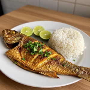 Peixe Tucunaré assado e Arroz