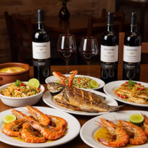 Pratos com Frutos do Mar Frescos e Vinhos Gaúchos