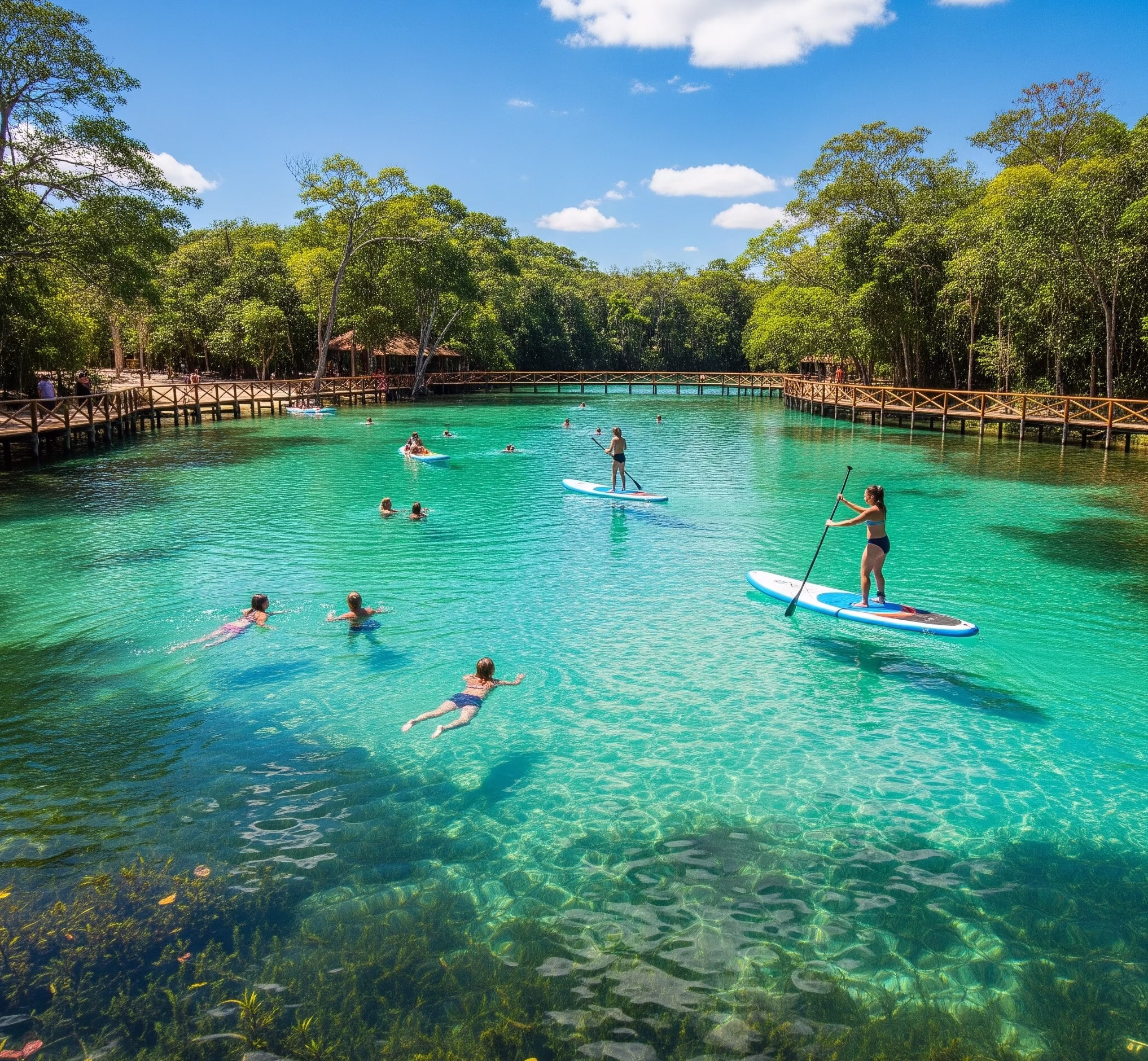Com uma estrutura completa, o local oferece um lago de águas cristalinas, onde é possível nadar, praticar stand up paddle e, o mais incrível, flutuar e interagir com os diversos peixes que circulam livremente por ali.